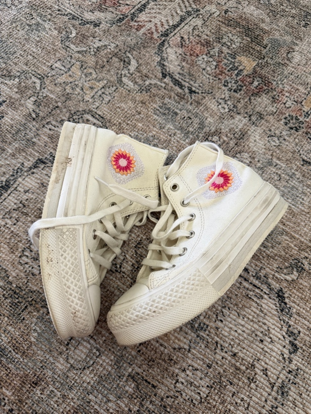 GIRL Cream High-Top Platform Sneakers with Floral Patch